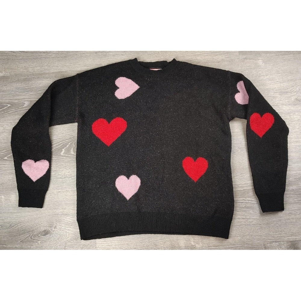C+D+M Women L Black Pink Red Heart Sweater Valentine 6334‎